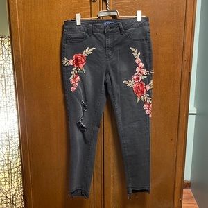 Boom Boom Black distressed embroidered raw hem cropped jeans